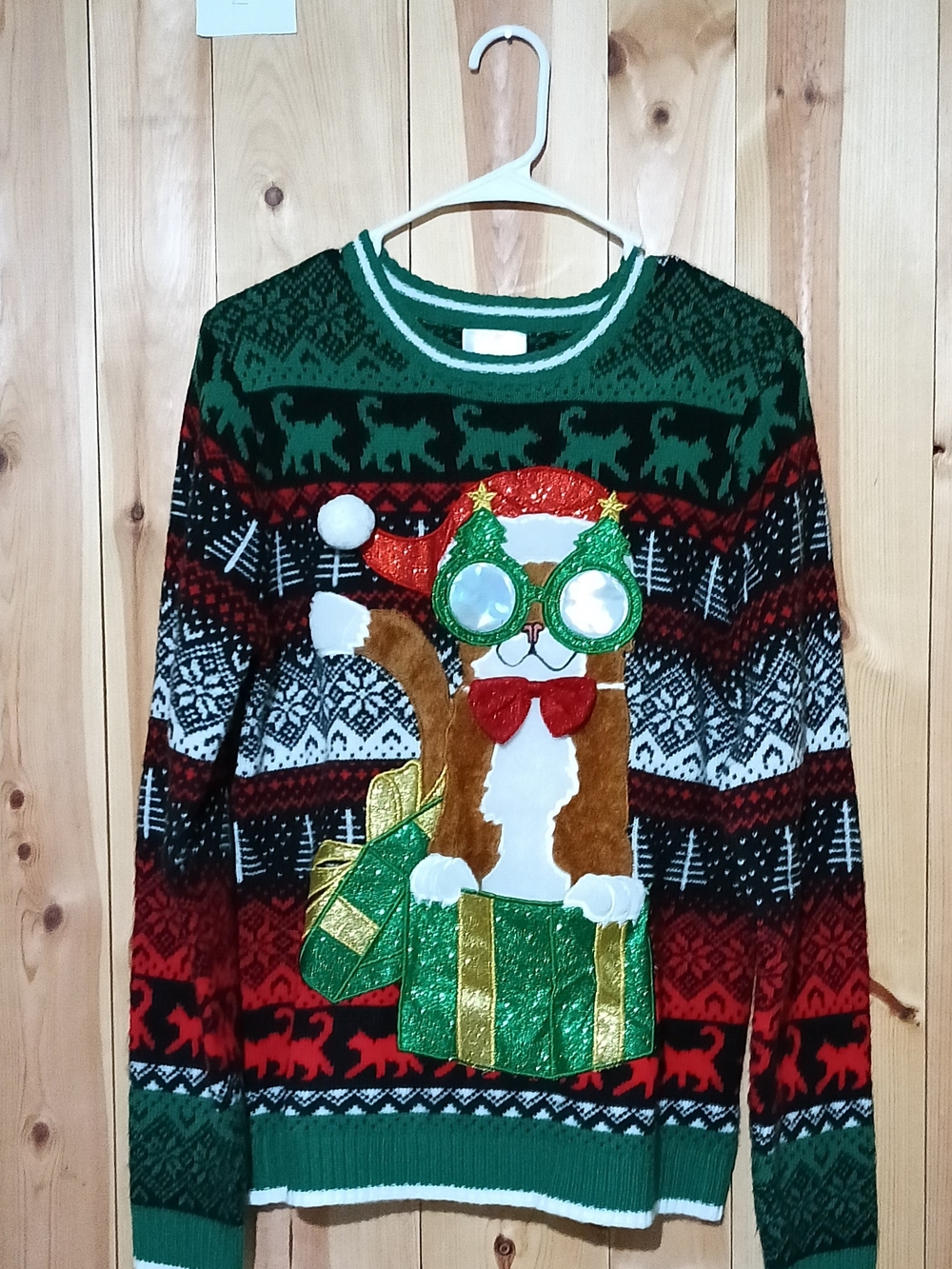 Holiday Time Green and Red Cat Christmas Crewneck Sweater